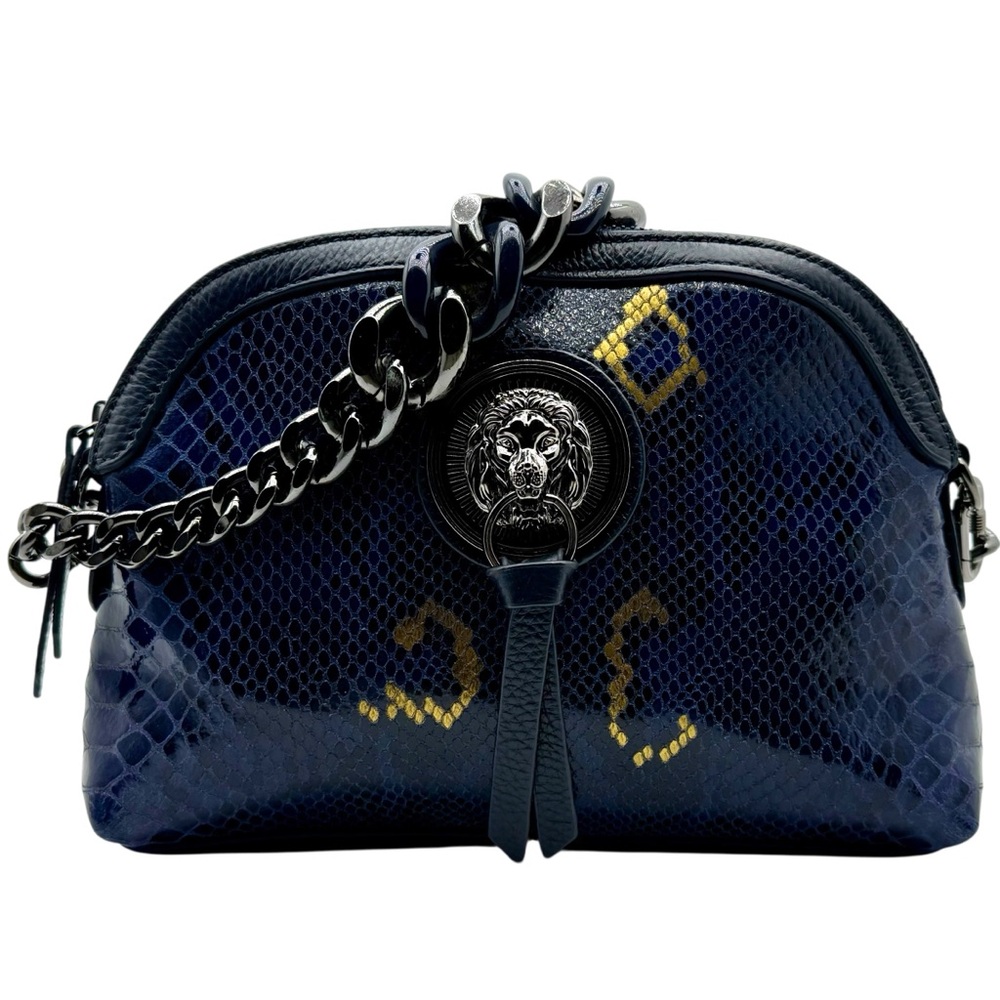 Sharif Navy Snake-Embossed Leather Crossbody Bag with Chain Strap EUC